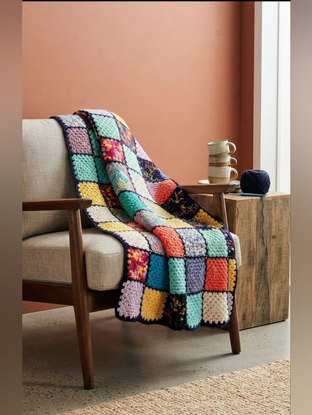 Vintage Handmade Granny Square Crochet Blanket Afghan Boho Throw Scrap Yarn